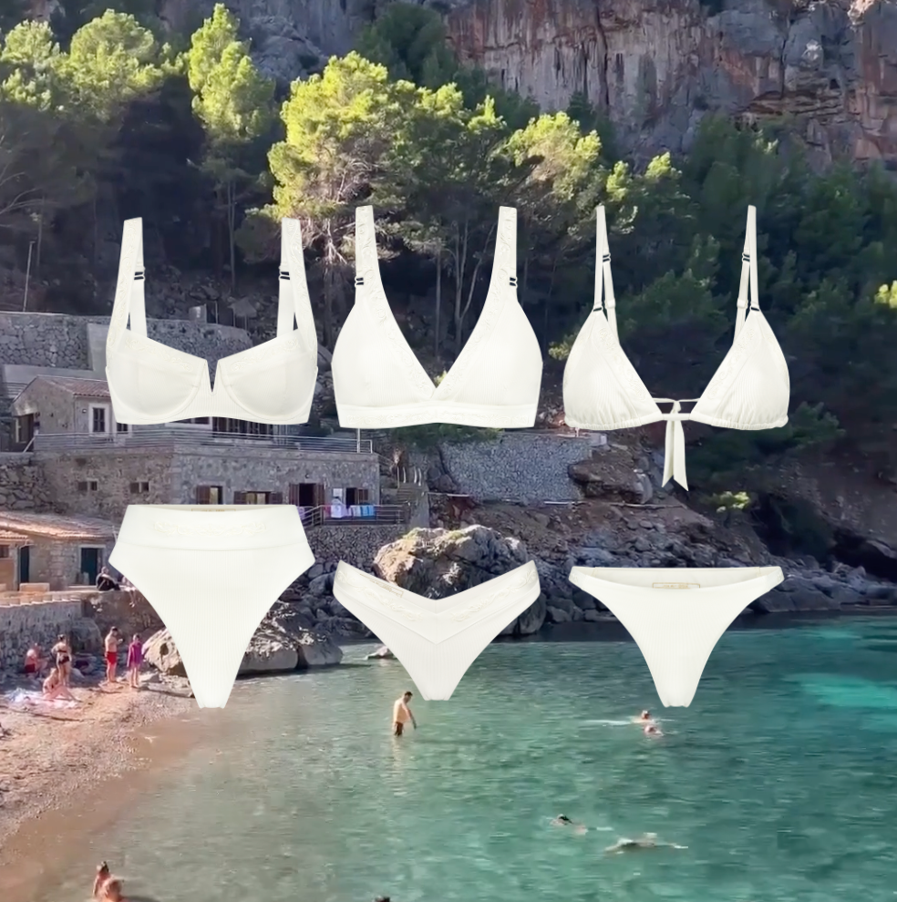 all bikini sets in ivory white with the mediterranean beach as the background