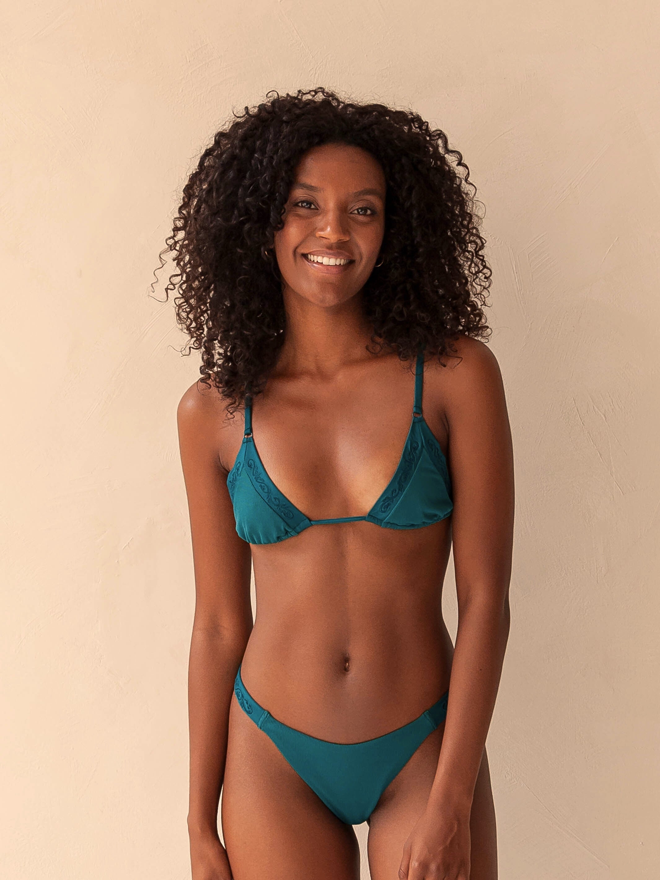 Bikini bottom Brazilian Tanga Cheeky in Green Eye catching Emboidery Rib fabric Via di Gioia Swimwear