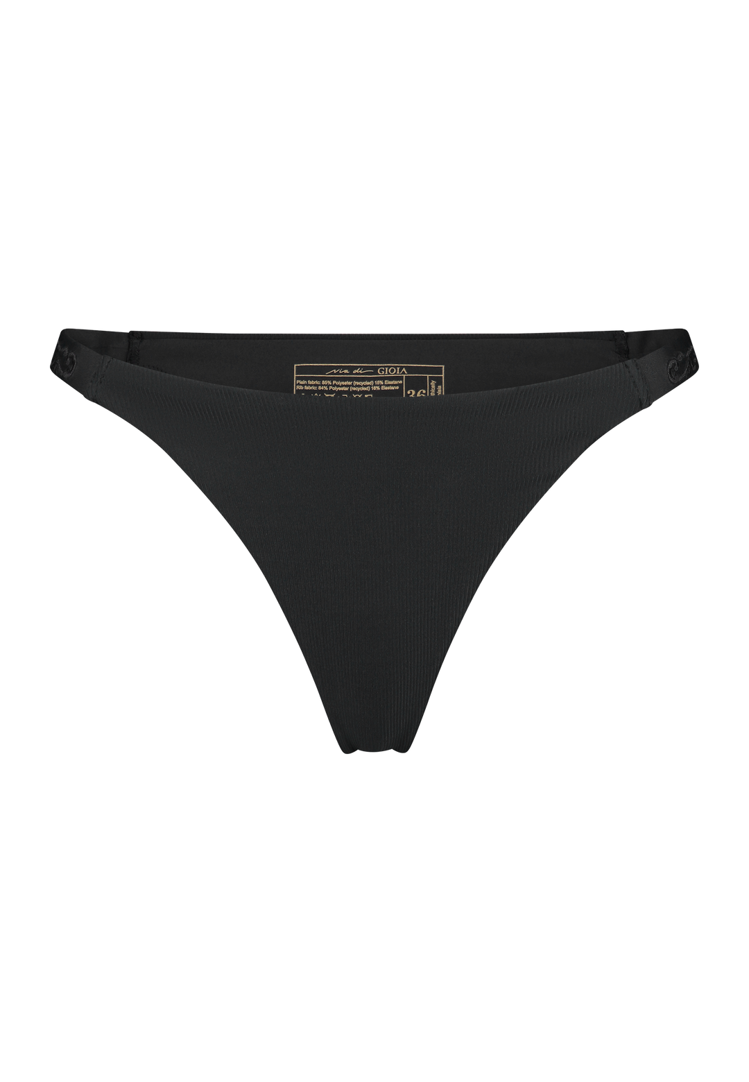 Bikini bottom Brazilian-tanga in black with rib fabric and embroidery, product front