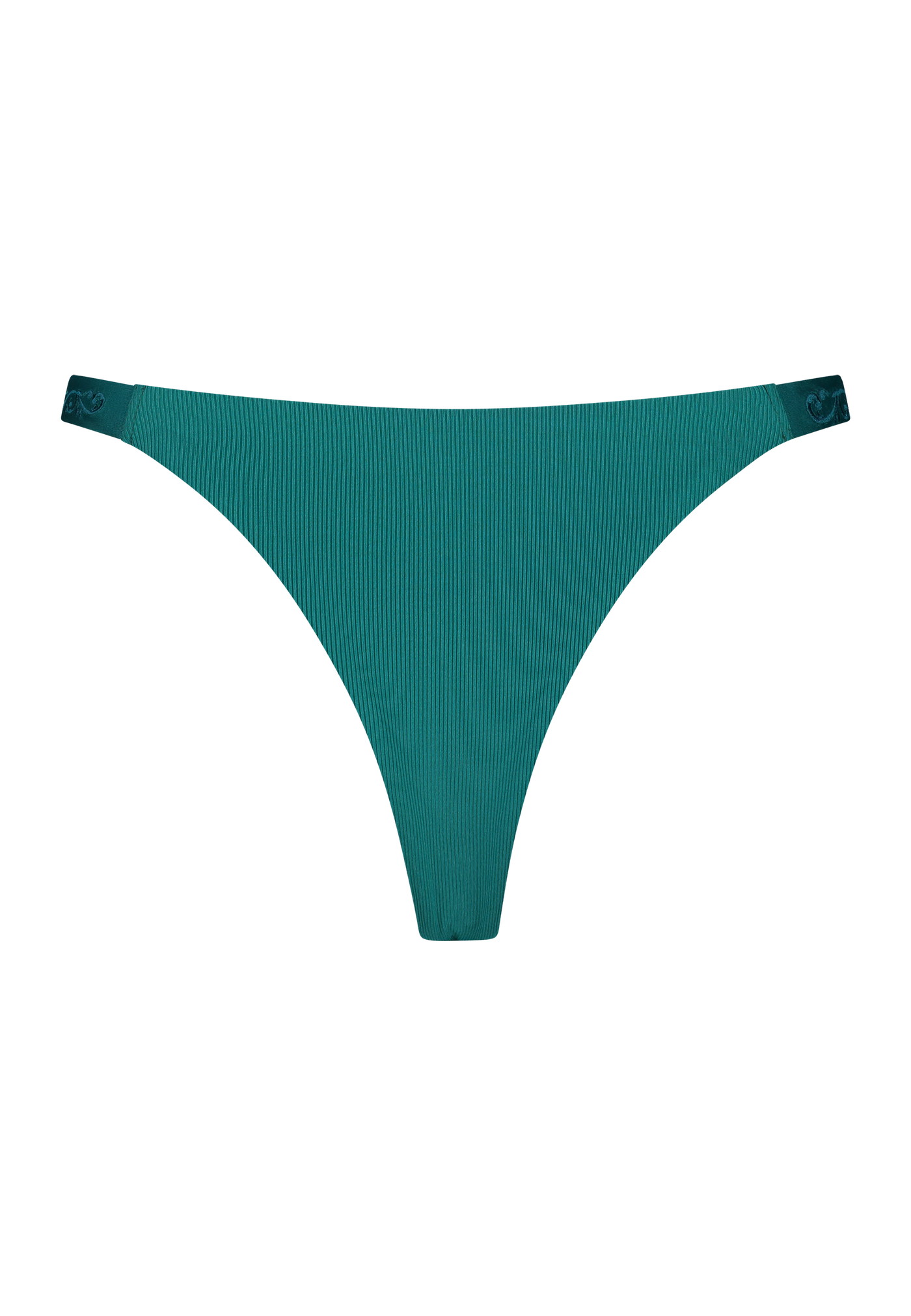 Bikini bottom Brazilian tanga in emerald green with rib fabric and embroidery, product back