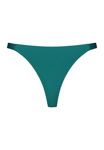 Bikini bottom Brazilian tanga in emerald green with rib fabric and embroidery, product back