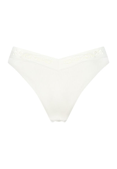 Bikini bottom V-shape in Ivory white with rib fabric and embroidery, product back
