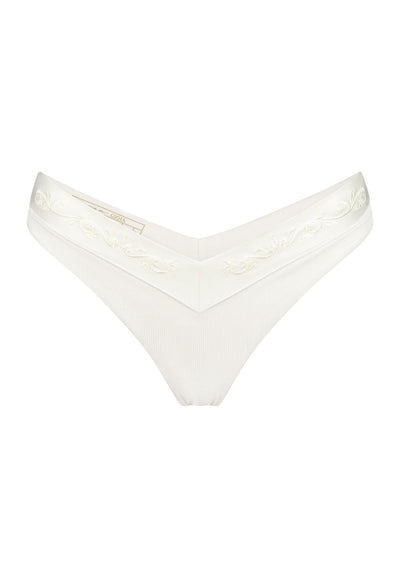 Bikini bottom V-shape in Ivory white with rib fabric and embroidery, product front