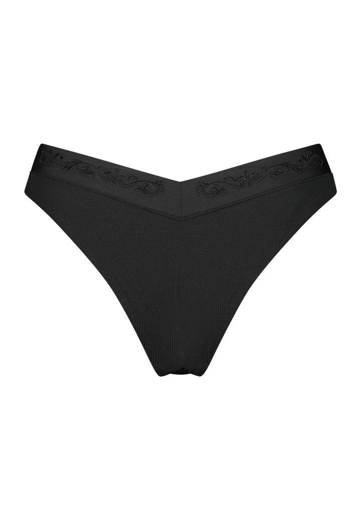 Bikini bottom V-shape in black with rib fabric and embroidery, product back