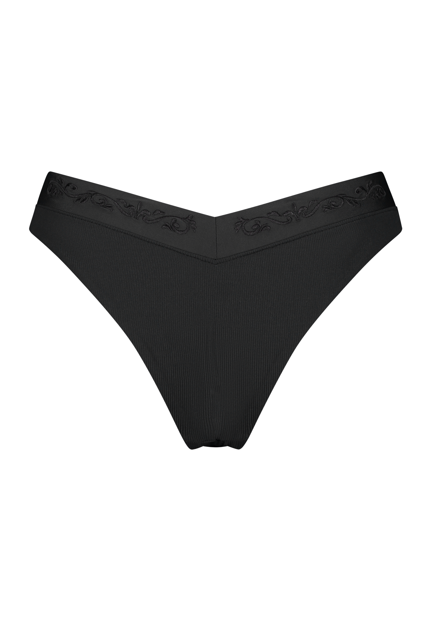Bikini bottom V-shape in black with rib fabric and embroidery, product back