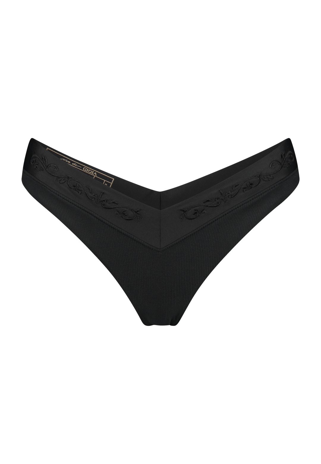 Bikini bottom V-shape in black with rib fabric and embroidery, product front