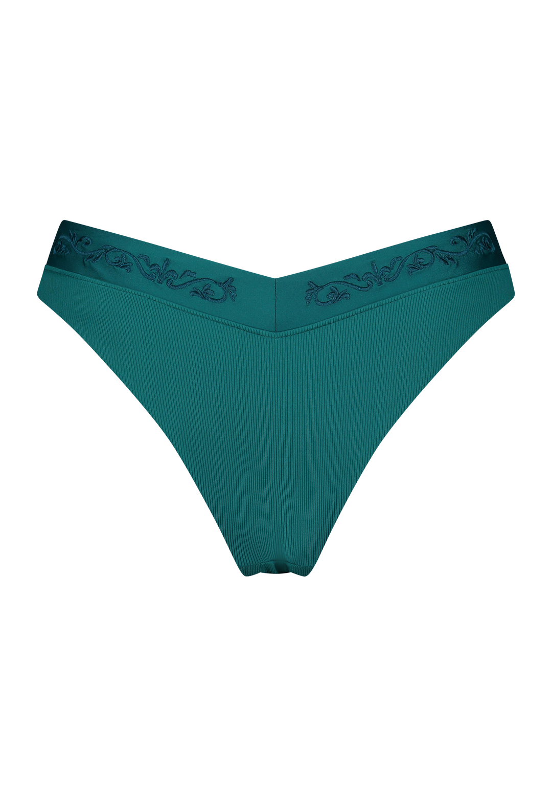 Bikini bottom V-shape in emerald green with rib fabric and embroidery, product back