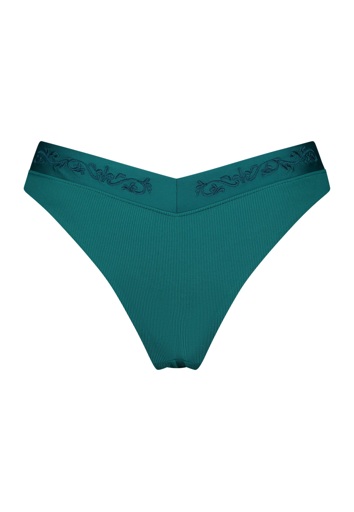 Bikini bottom V-shape in emerald green with rib fabric and embroidery, product back