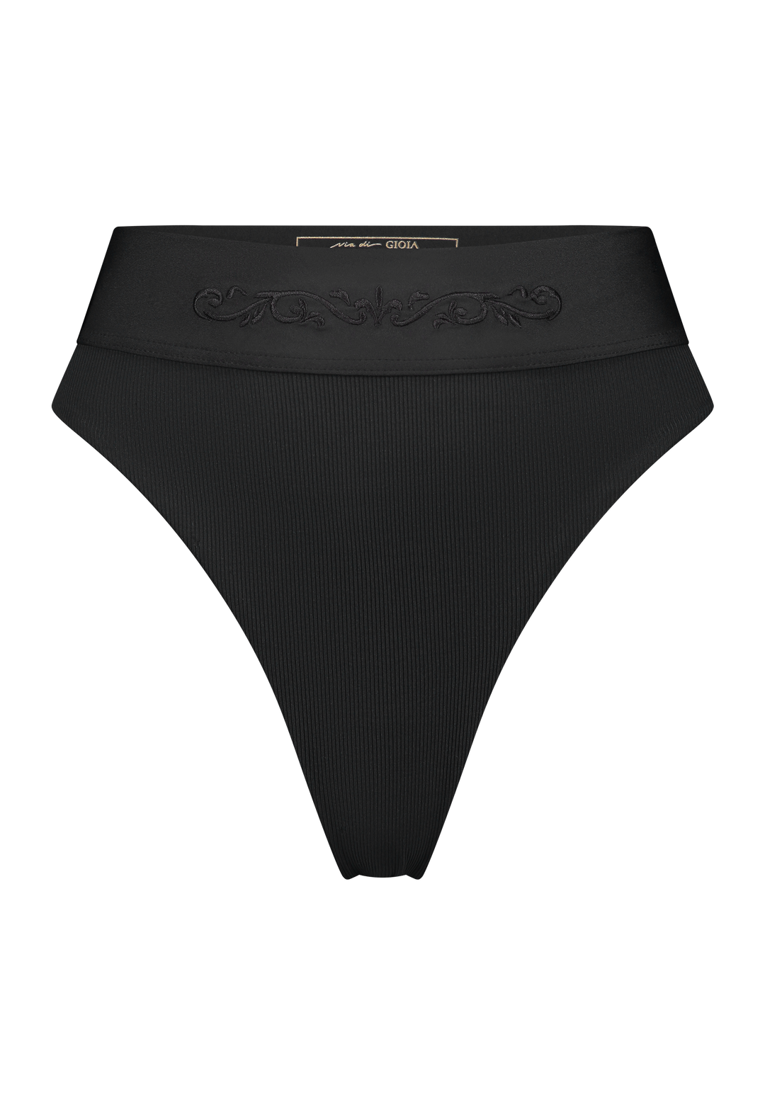 Bikini top balcony underwire and bikini bottom high-waist in black with rib fabric and embroidery, front