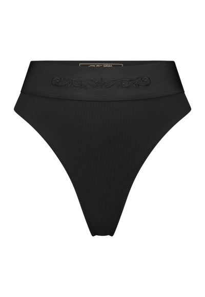 Bikini top balcony underwire and bikini bottom high-waist in black with rib fabric and embroidery, front