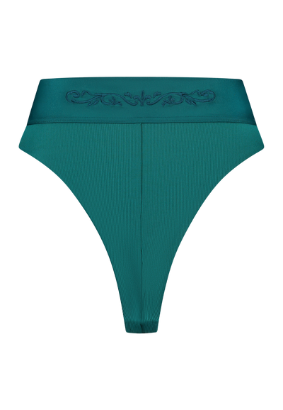 Bikini bottom high-waist in emerald green with rib fabric and embroidery, product back