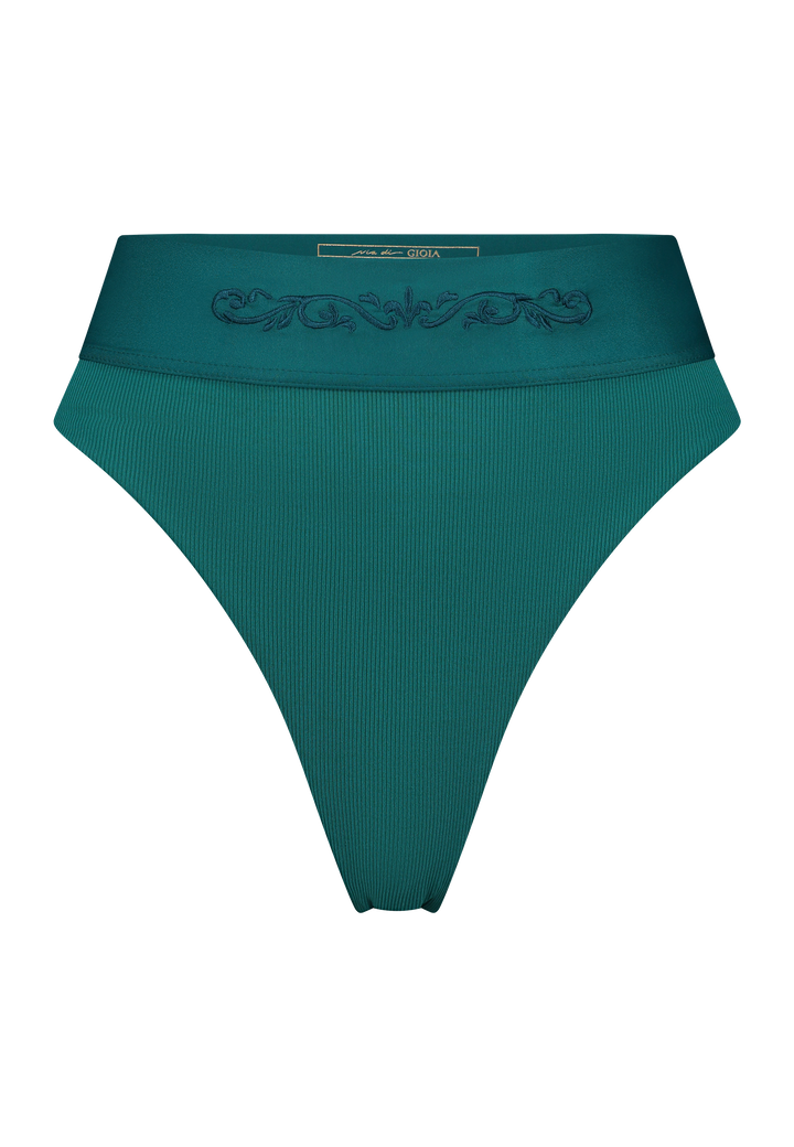 Bikini bottom high-waist in emerald green with rib fabric and embroidery, product front