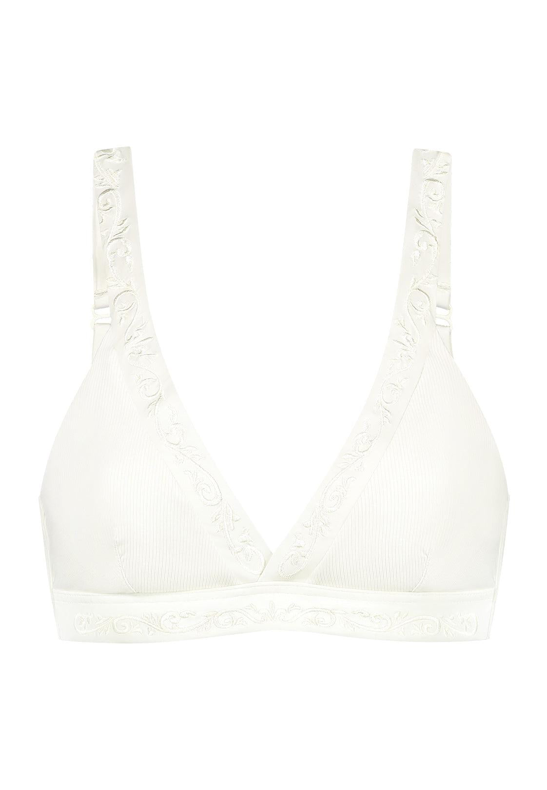 Bikini top Plunge V-neck in white with rib fabric and embroidery 