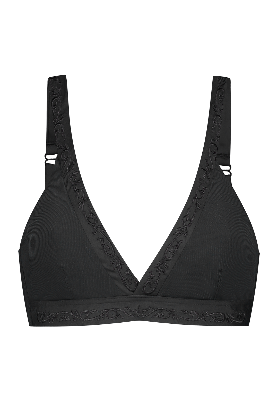 Bikini top Plunge V-neck in black with rib fabric and embroidery 