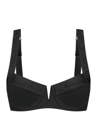 Bikini top balcony with underwire in black with rib fabric and embroidery 