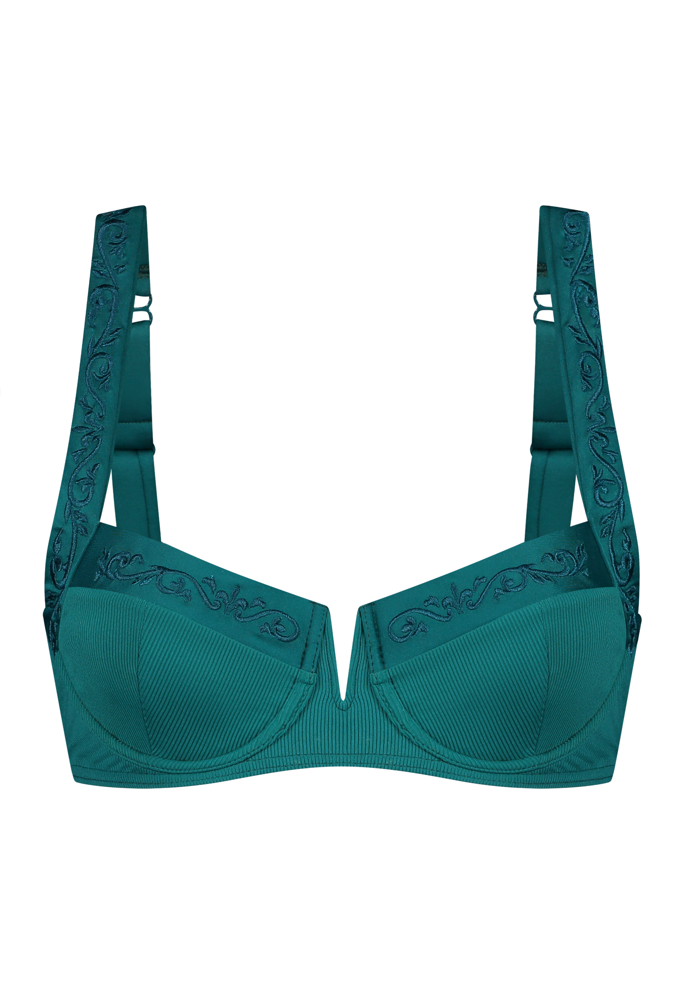 Bikini top balcony with underwire in green with rib fabric and embroidery 