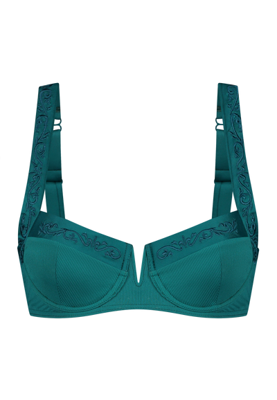 Bikini top balcony with underwire in green with rib fabric and embroidery 