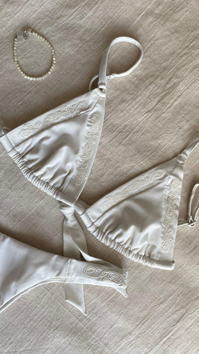 Bikini top triangle with brazilian tanga bottom in ivory-white with rib fabric and embroidery