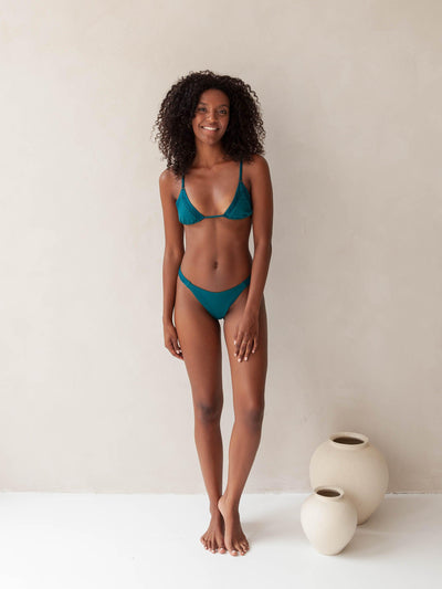 Bikini top triangle and brazilian tanga bottom in green with rib fabric and embroidery, woman full body