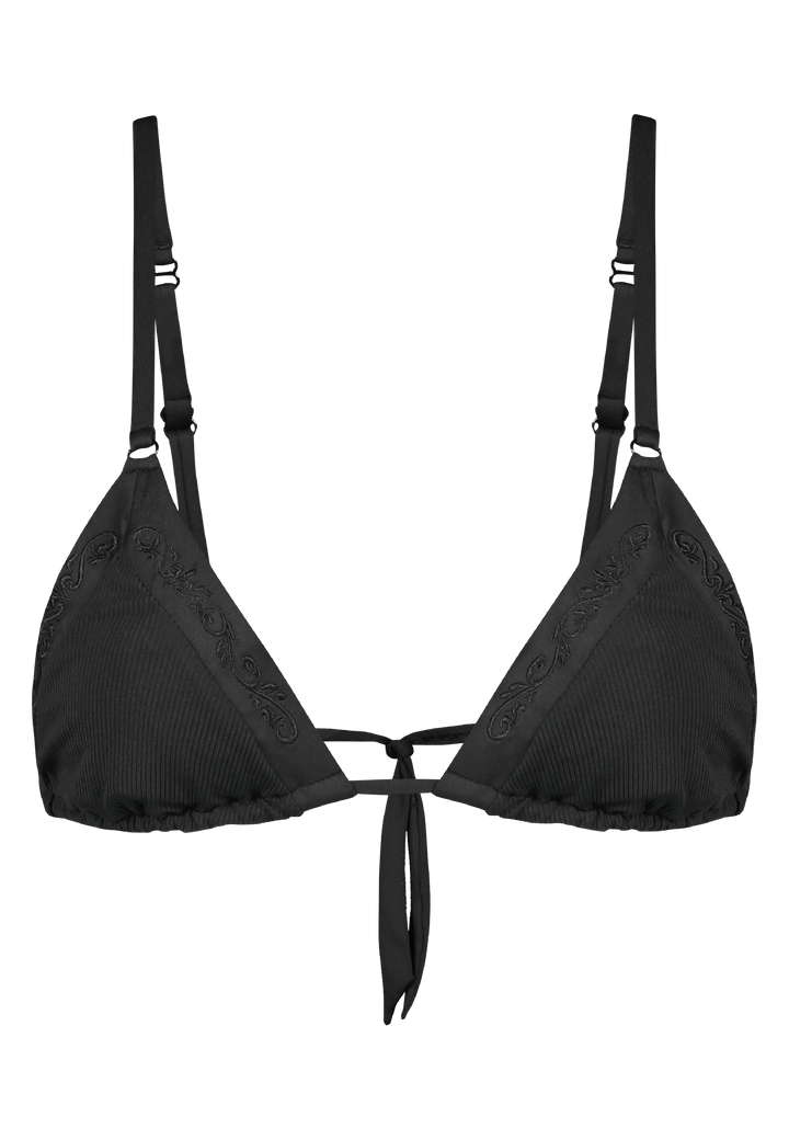Bikini top triangle in black with rib fabric and embroidery 