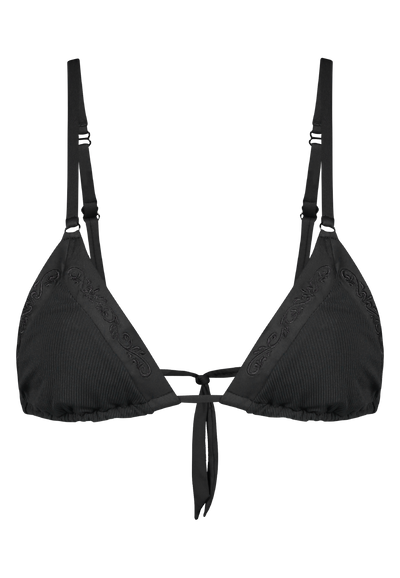 Bikini top triangle in black with rib fabric and embroidery 
