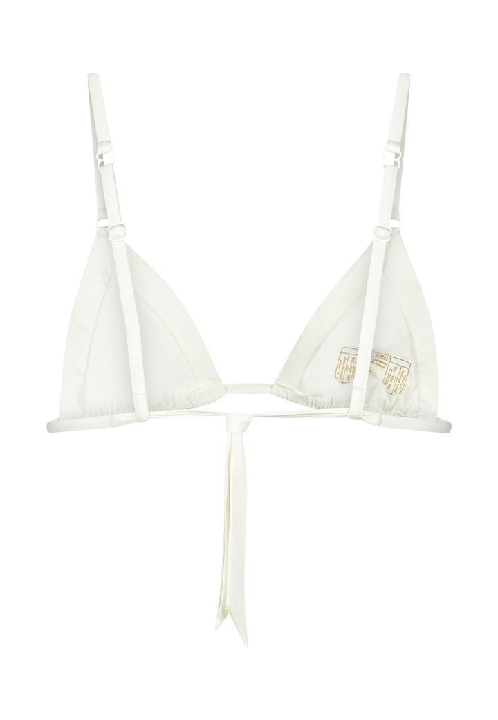 Bikini top triangle in white with adjustable straps that can be worn behind the neck or over the shoulders
